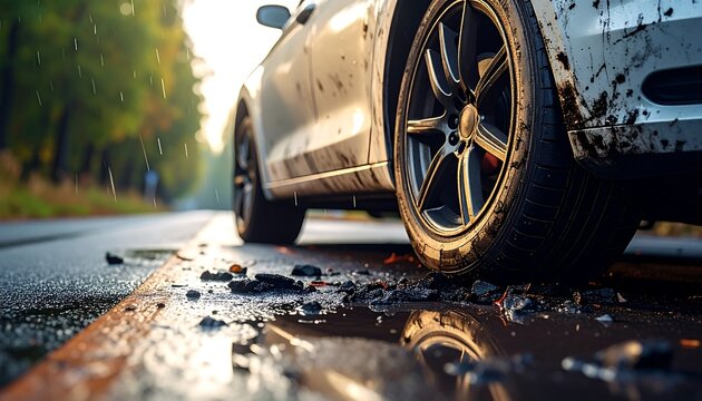 Mud-splattered white car parked on an asphalt road with puddles during or after a rain shower - Powered by Adobe