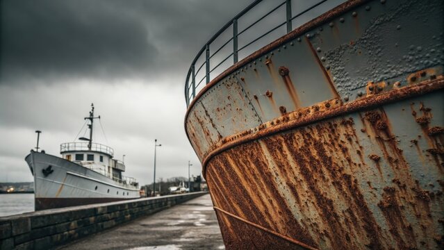 A rusty ship hull showing a detailed pattern in overcast conditions