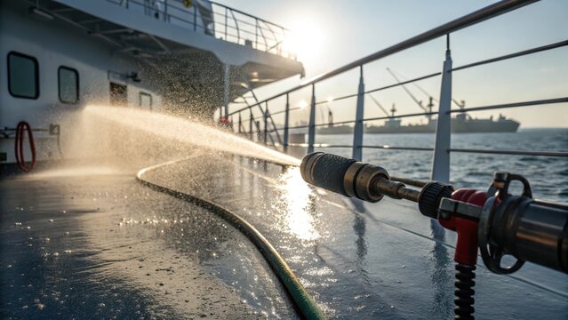 A ship deck being cleaned with a high pressure water hose