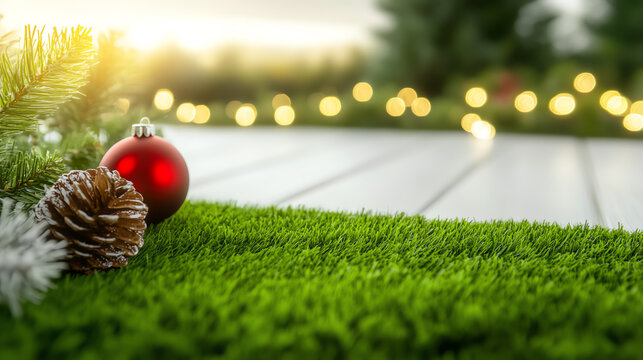 A festive scene featuring Christmas decorations on lush green grass, with warm sunlight and fairy lights creating a cozy ambiance.
