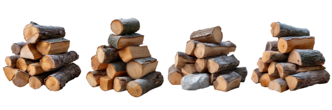 Multiple natural firewood stacks displaying various log formations, neatly piled for winter heating and energy, isolated on a clean white background