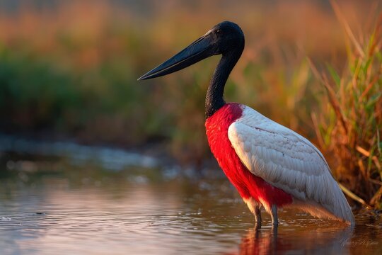 Elegant jabiru stork stands gracefully in shallow water, its striking black and red plumage