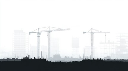 Silhouetted cranes in city build among fog, for urban planning use
