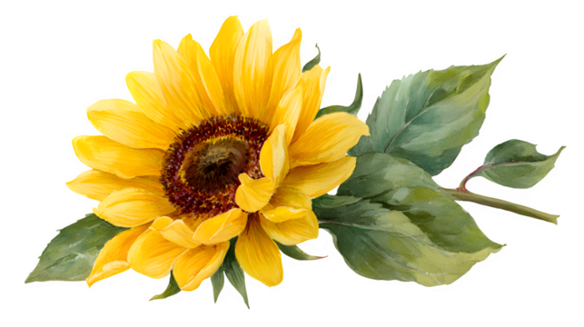 sunflower blossom with leaves, detailed yellow petals and brown center, isolated on white background