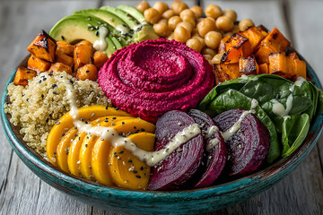 Vegan Buddha bowl with quinoa, avocado, chickpeas and beetroot hummus