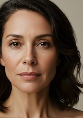 Close-up portrait of a mature woman with dark wavy hair and expressive eyes.
