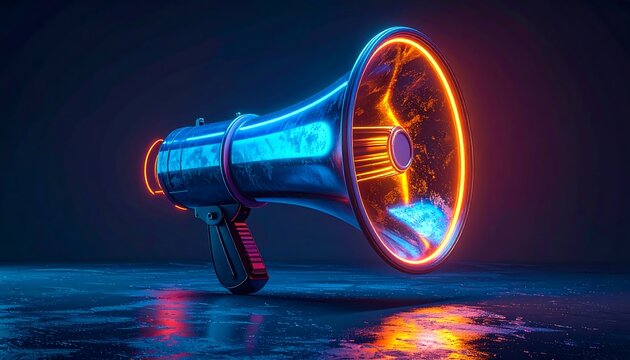 Neon-lit megaphone on wet, reflective floor, emitting vibrant orange glow against a dark background