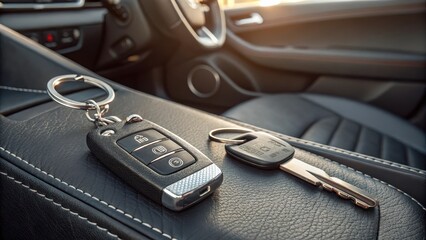 Close up of car keys and remote control in a vehicle interior