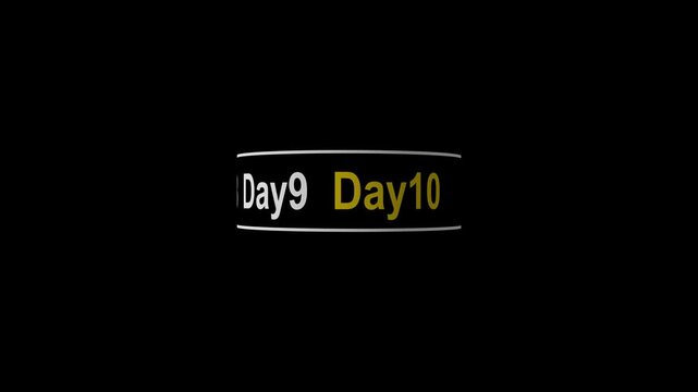 day 01 to day 10 text rolling slide by slide animation isolated on the black background, time passing, goal setting and timelapse concept