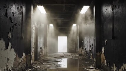 black artistic - A dimly lit corridor lined with peeling walls, debris scattered on the wet floor, and mist rising towards a bright doorway at the far end creates an eerie, atmospheric scene - Powered by Adobe