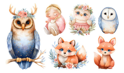 Obraz premium Cute Watercolor Animals with Floral Accents and Soft Colors on Transparent Background