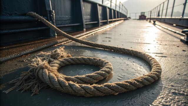 Coiled mooring rope on a ship deck with sunlight