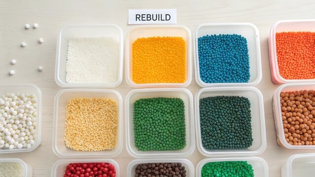 Colored Plastic Pellets Grouped in Containers for Recycling