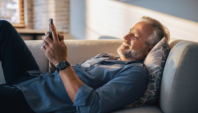 Relaxed Elderly Man Lying on Couch Using Smartphone in Living Room - Powered by Adobe