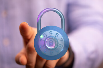 Abstract image of a hand touching a futuristic padlock, representing digital security, data protection, and online safety. Ideal for