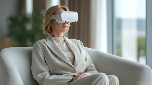 woman psychologist using VR relaxation program with patient soft hum immersive mental wellness digital support three quarter wide angle cinematic color correction gentle