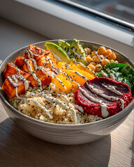 Vegan Buddha bowl with quinoa, avocado, chickpeas and beetroot hummus