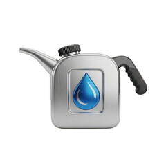 Metallic Oil Can with Blue Water Drop Symbol and Handle on Background Keywords: oil can, fuel, liquid, container, metal, metallic, silver, chrome isolated on a transparent background