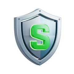 Metallic Shield with Glowing Green Letter S Symbol on Background security protection isolated on a transparent background