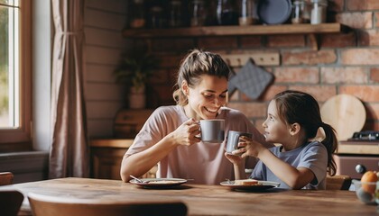 Mother and Daughter Drinking Coffee in Cozy Kitchen with Brick Wall and Wooden Shelves