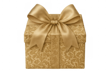 Golden gift box with ornate damask pattern and elegant satin ribbon bow, representing celebration and surprise