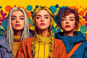 Obraz premium Three young women against colorful abstract background in vibrant tones