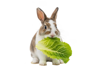 Cute rabbit eating fresh lettuce isolated on transparent background