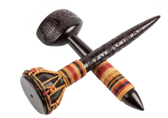 African tribal drum and carved wooden mallet isolated on transparent background