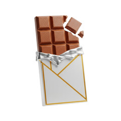 Milk Chocolate Bar Broken Pieces Unwrapped with White and Gold Foil Packaging on Background isolated on a transparent background