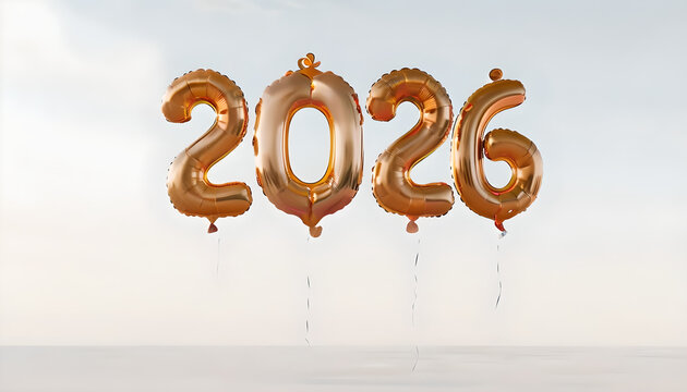 Floating Golden 2026 Balloons: New Year's foil numbers suspended in a bright, minimalist sky background. Celebration, copy space, luxury banner