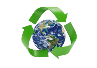 Green recycling symbol encircling planet earth isolated on transparent background