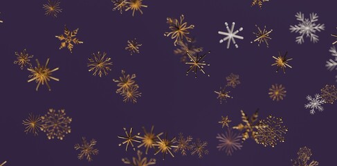 Elegant gold snowflakes on a deep purple background. Festive, modern design for Christmas and winter themes. Perfect for seasonal greetings and