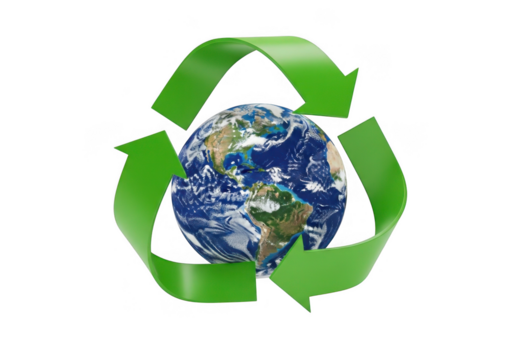 Green recycling symbol encircling planet earth isolated on transparent background