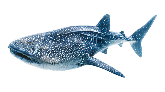 whale shark swimming forward, dotted blue-gray skin pattern, marine life realism, isolated on white background
