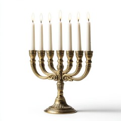 classic golden menorah with seven white candles burning on white background concept of hanukkah light faith and jewish holiday tradition