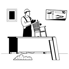 Traditional Furniture Making workshops interior vector design, carpenters banner, woodworker scene, tradesperson and craftsmen stock illustration, craftsman Inspecting finished chair concept