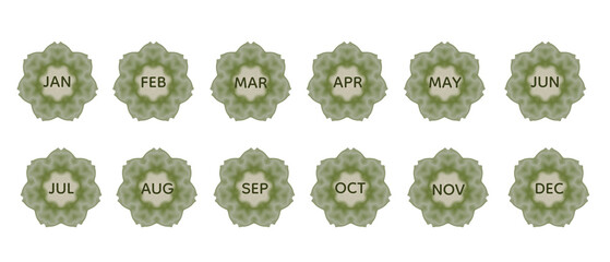 Minimalist floral month badges with soft green petal shapes and elegant typography for each month abbreviation such as JAN To Dec. Perfect for digital planners, calendars, greeting cards