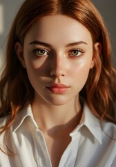 Portrait of a beautiful woman with red hair and green eyes.