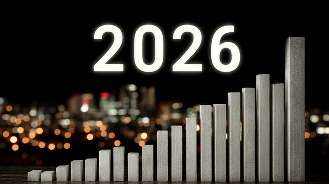 Visualizing a strong economic future with illuminated 2026 digits and rising columns.