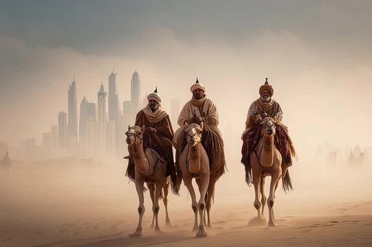 The three wise men with their camels in the desert with a city in the background