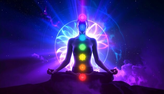 Meditating figure with chakra alignment against a cosmic background, bathed in vibrant neon-style colors and glows