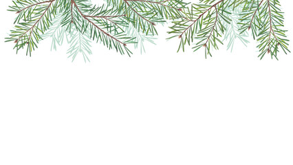 Watercolor border with pine branches isolated on white background. Natural conifer greenery frame for Christmas design, invitations, winter cards, and holiday decoration projects.