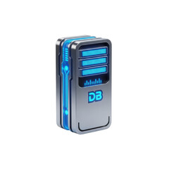 Modern Silver Server Tower with Blue Glowing Lights and DB Logo computer technology isolated on a transparent background