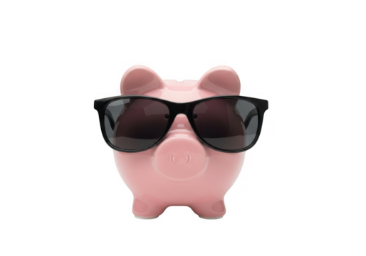 Cute pink piggy bank wearing stylish sunglasses isolated on transparent background