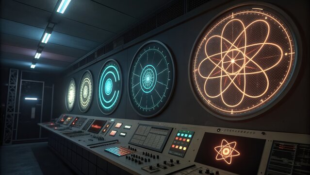 Retro Technology Display Showing Pulsating Abstract Digital Circles - Powered by Adobe