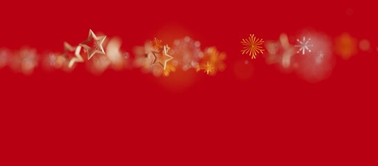 Christmas background with golden stars, snowflakes and bokeh lights on a red backdrop. Perfect for...