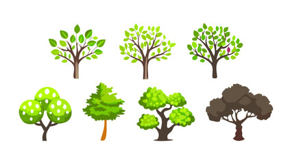Obraz premium Diverse Tree Illustrations: A collection of various tree illustrations showcases different forms, with vibrant green foliage, evoking feelings of life and nature's diversity.