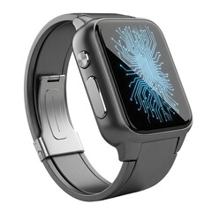 Modern smartwatch with a glowing blue circuit board display on a background technology wearable isolated on a transparent background