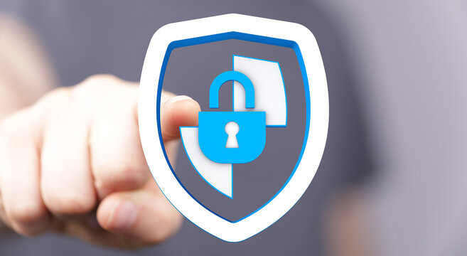 Image depicting cybersecurity and data protection. Featuring a shield with a lock, emphasizing security, privacy, and safe online pra