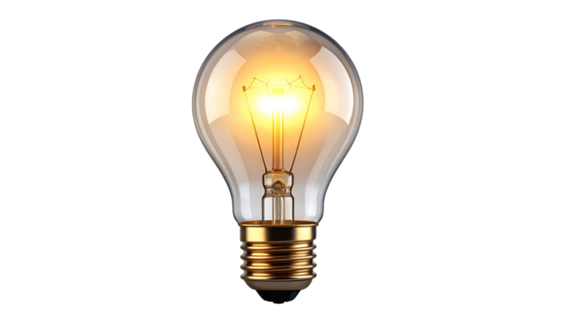 Illuminated incandescent light bulb glows brightly against a solid black background